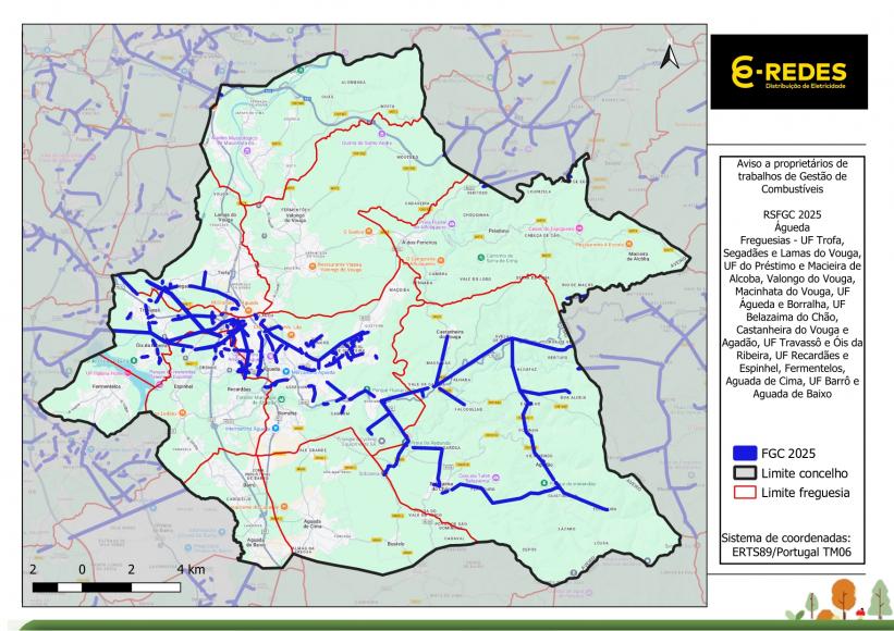 A E-Redes vai proceder à execução de faixa de gestão de combustível nas proximidades das redes de distribuição de energia elétrica de média e alta tensão, de acordo com o seguinte aviso e mapa: